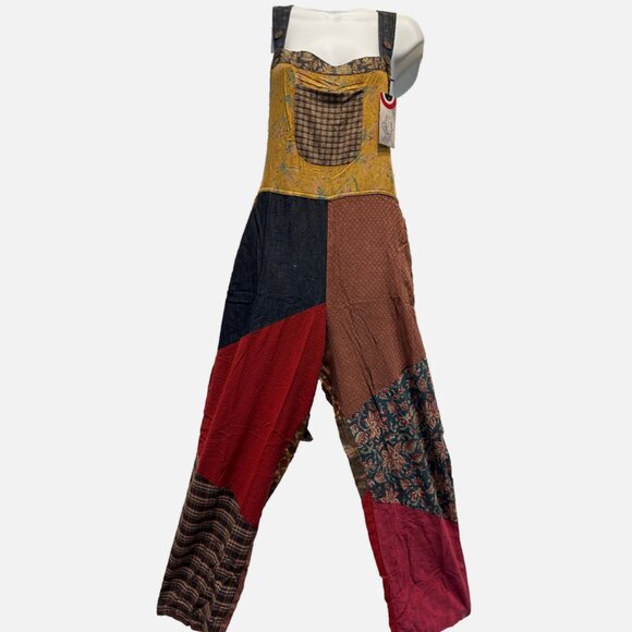 Nwt SACRED THREADS funky patch hippie cotton OVERALLS ROMPER JUMPSUIT JUMPER 1X - Picture 1 of 5